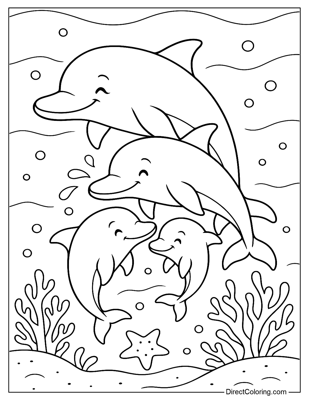 coloring page of a dolphin family swimming together under the blue sea, with coral and starfish